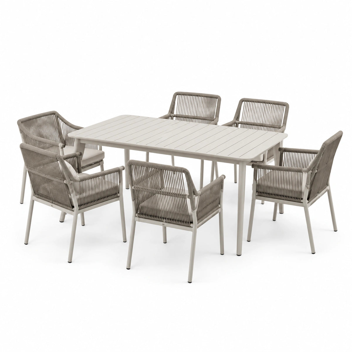 Garten-Essgruppe 160 × 90 cm aus Metall in Beige/Taupe mit 6 Kordelstühlen
