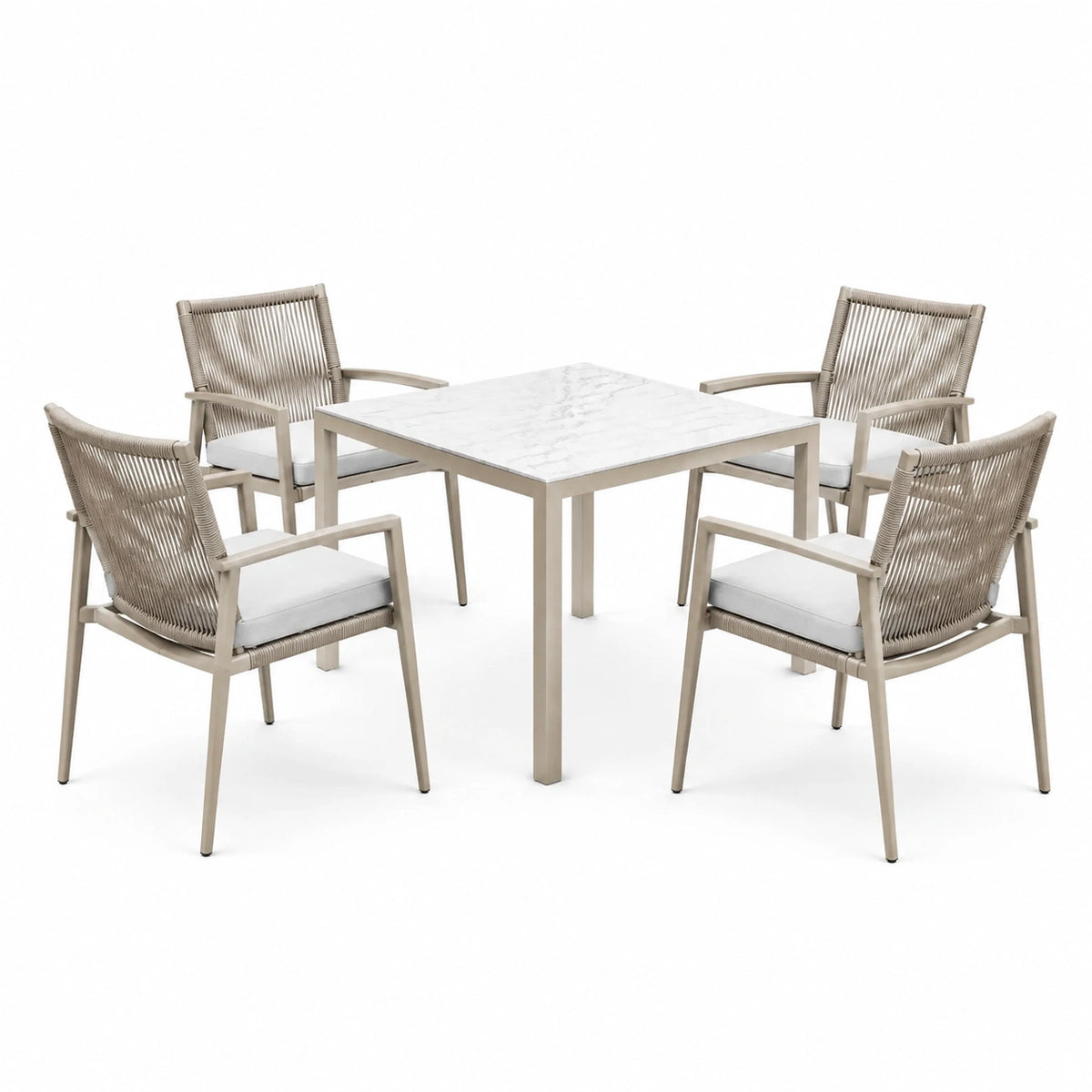 5-teiliges Gartenessgruppen Set 90×90×75 cm Beige mit geflochtenen Armlehnstühlen und Tisch in Marmoroptik