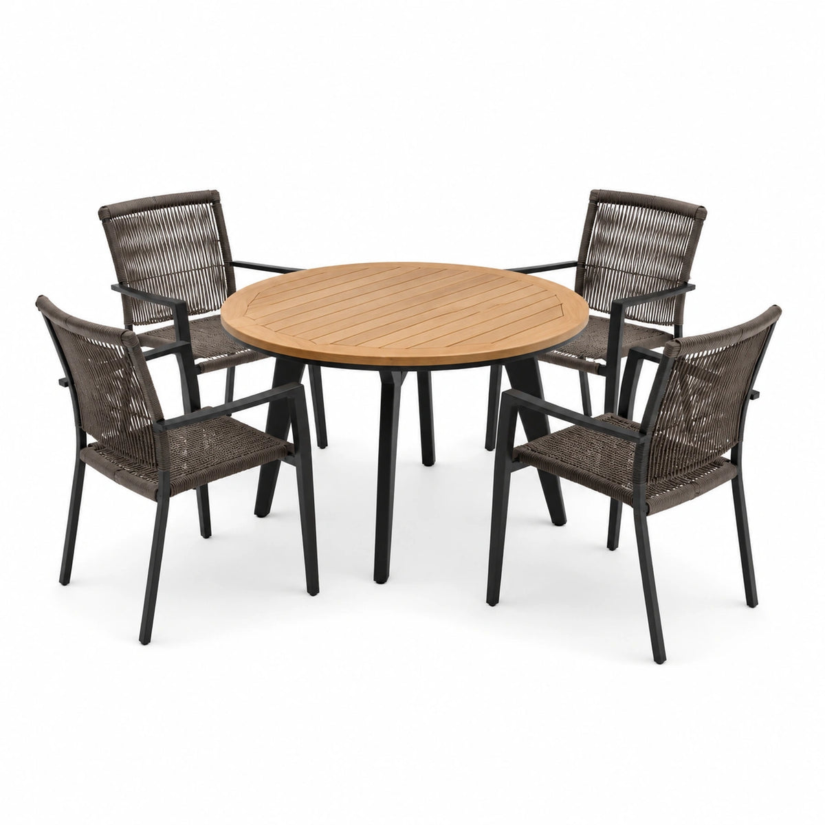 Gartenmöbel Set 5 teilig mit rundem Holztisch 110 cm und Seilstühlen in Braun Schwarz
