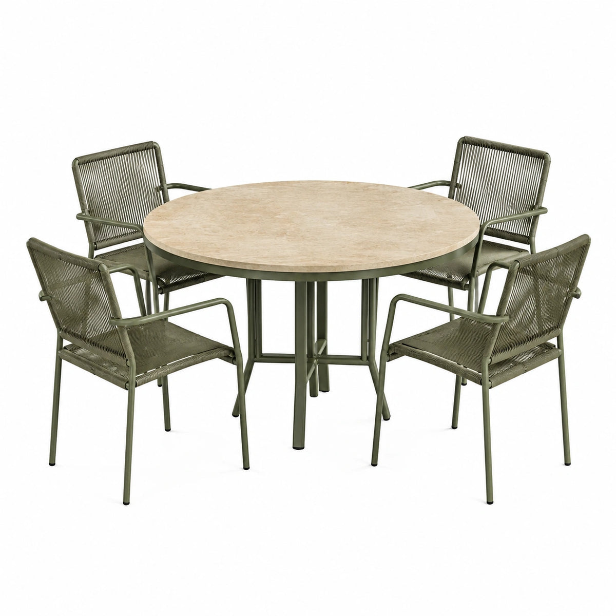 5-teiliges Gartenmöbel Set mit rundem Tisch 110cm Metall Seilgeflecht olivgrün beige