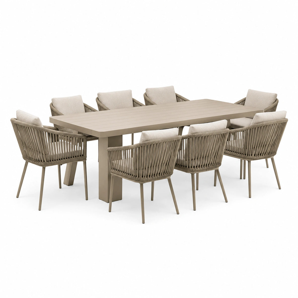 Garten-Essgruppe 220 x 100 cm Aluminium Taupe mit 8 Seilstühlen für Terrasse