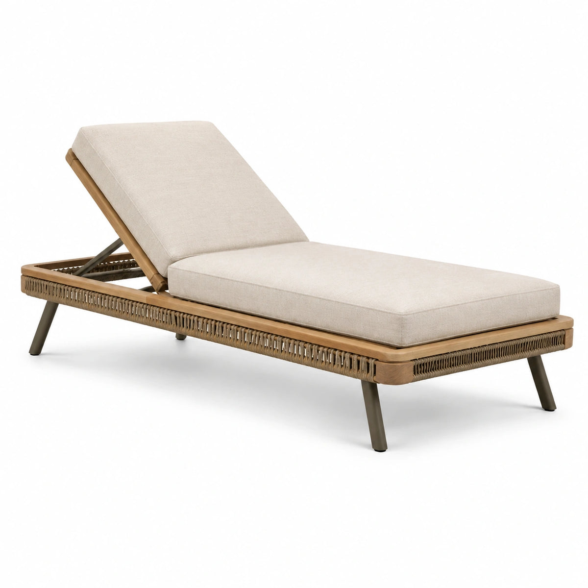 Sonnenliege 200×70×35 cm aus Holz und Geflecht in Beige mit verstellbarer Rückenlehne