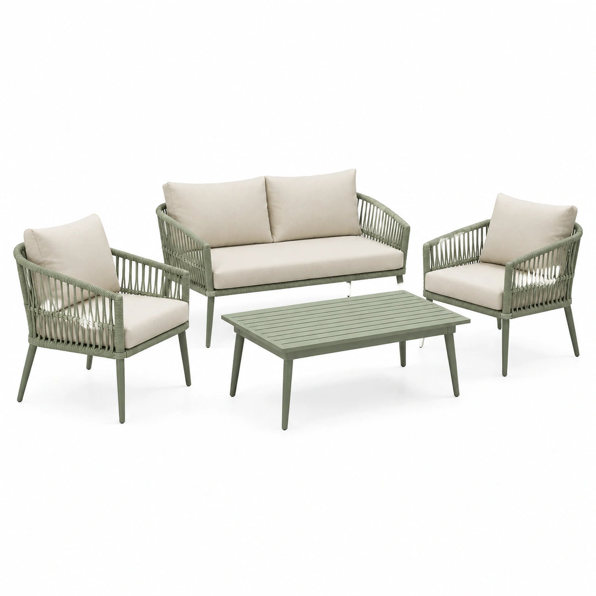 Gartenlounge-Set 4-teilig 2-Sitzer 132×70×78 cm Geflecht Metall Salbeigrün Modern