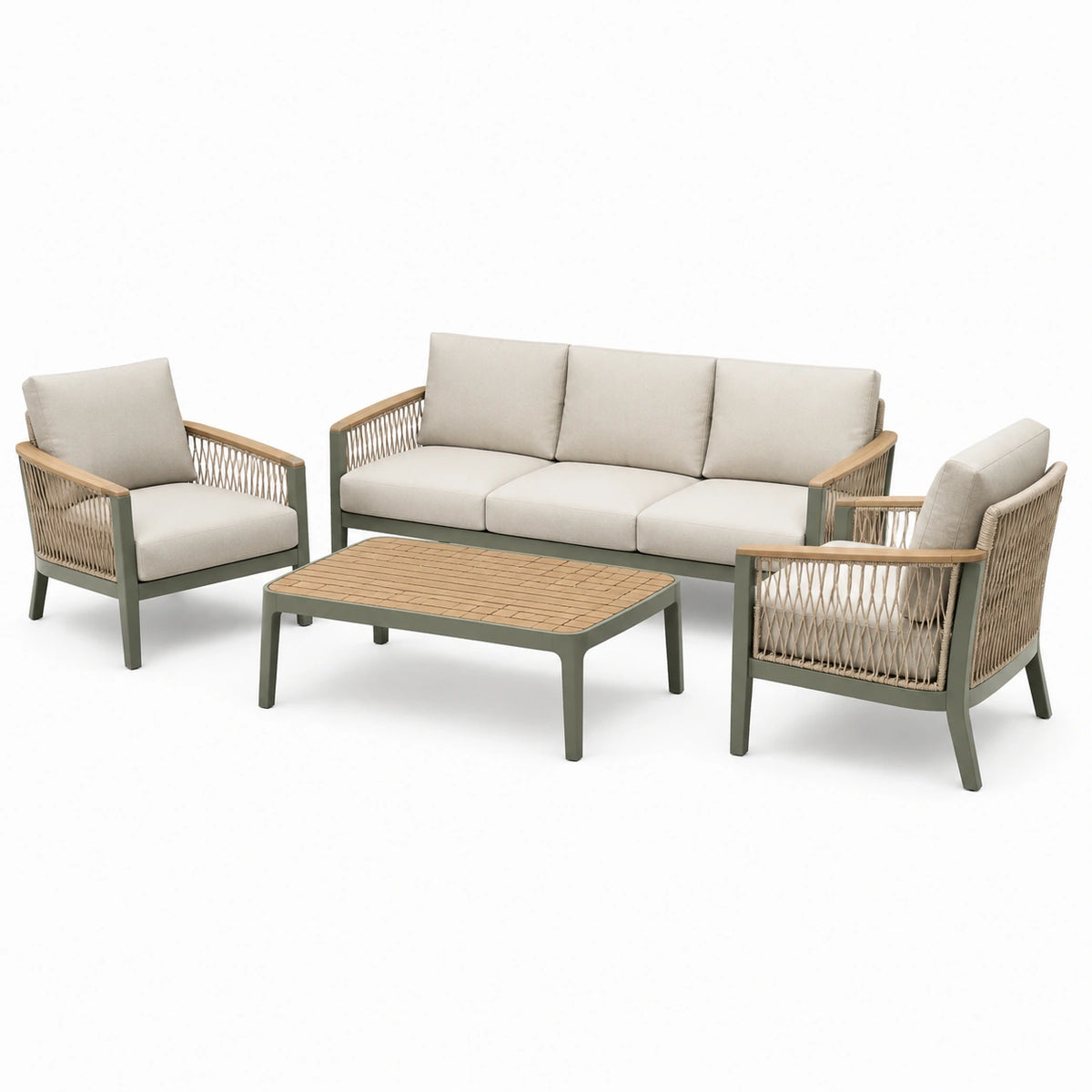Gartenlounge-Set 210×80×75cm aus Metall Holz und Seilgeflecht Beige Grün 4-teilig
