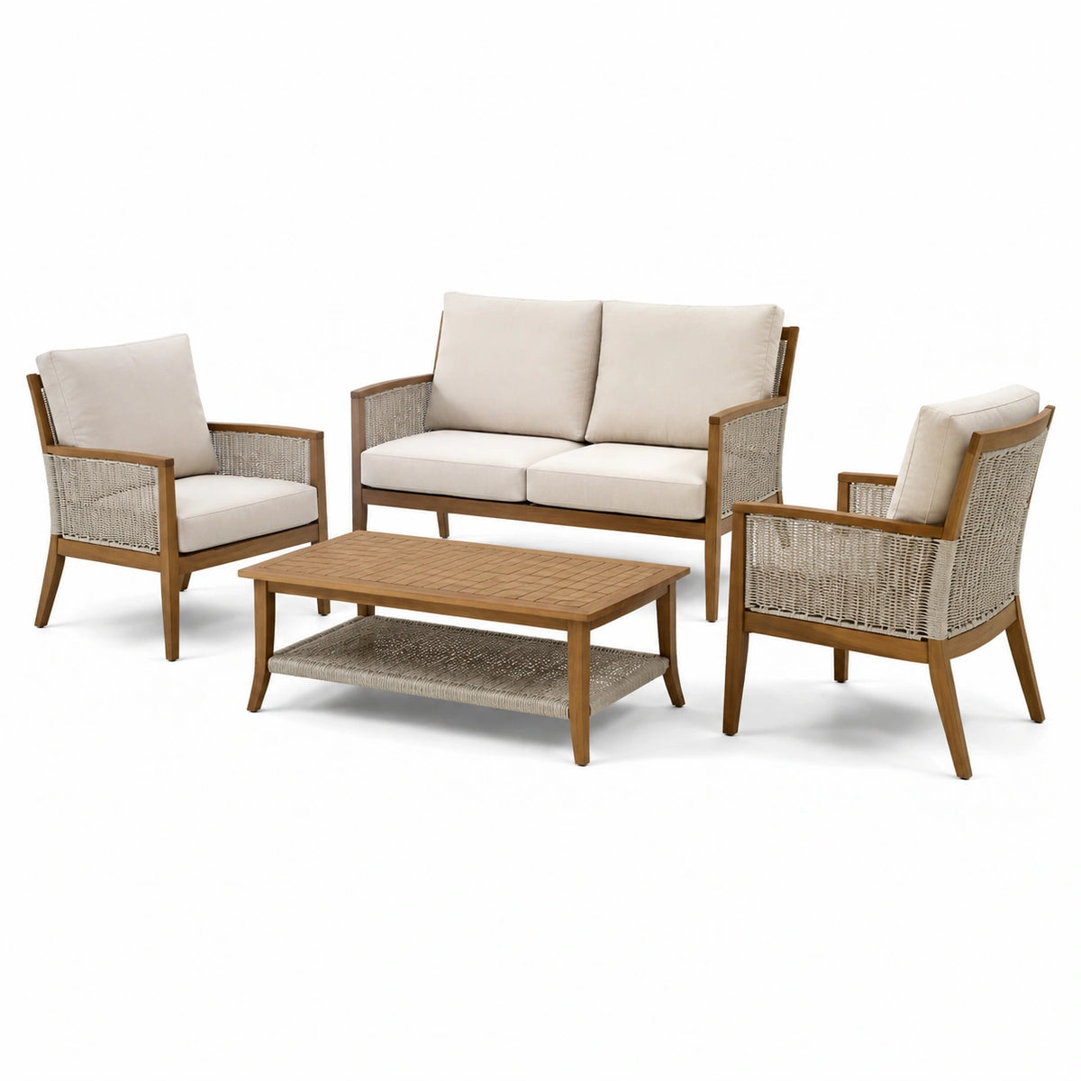Gartenlounge-Set 4-teilig mit Zweisitzer 140 × 75 cm Holz Beige Geflecht