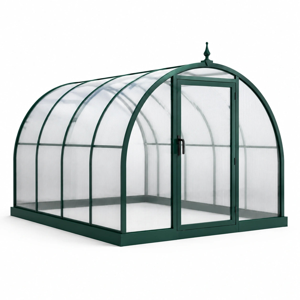 Gewächshaus 240×180×220 cm aus Stahl und Polycarbonat dunkelgrün mit Runddach und Tür